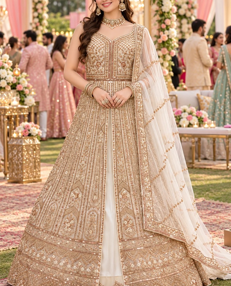 CREAM - Cream Net Beads Lehenga Choli for Ceremonial